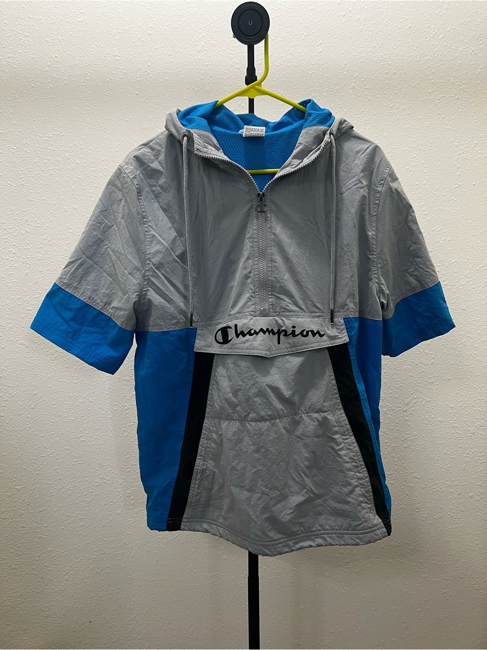 Champion Gray and Bright Blue Hooded Half‑Zip Puffer